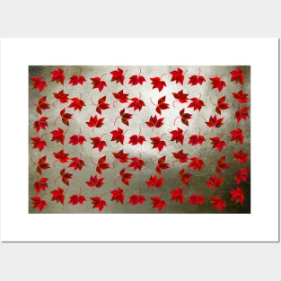 Red Leaves on Silver Golden Metal Posters and Art